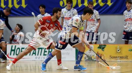 Floorball Bundesliga. KAC gegen VSV.  Max Olsacher  (KAC),  Robert Rauter  (VSV). Klagenfurt, 25.11.2023.
Foto: Kuess
www.qspictures.net
---
pressefotos, pressefotografie, kuess, qs, qspictures, sport, bild, bilder, bilddatenbank