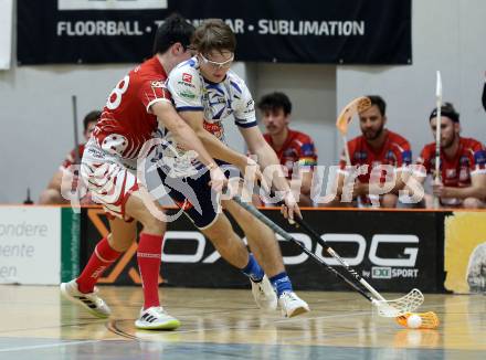 Floorball Bundesliga. KAC gegen VSV.   Gabriel Lekas (KAC),  Jakob Rainer  (VSV). Klagenfurt, 25.11.2023.
Foto: Kuess
www.qspictures.net
---
pressefotos, pressefotografie, kuess, qs, qspictures, sport, bild, bilder, bilddatenbank