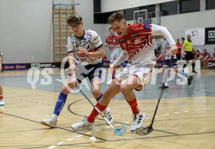 Floorball Bundesliga. KAC gegen VSV.  Fabian Grabner  (KAC),   Nino Forelli (VSV). Klagenfurt, 25.11.2023.
Foto: Kuess
www.qspictures.net
---
pressefotos, pressefotografie, kuess, qs, qspictures, sport, bild, bilder, bilddatenbank