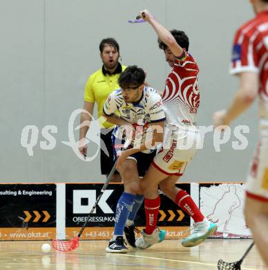 Floorball Bundesliga. KAC gegen VSV.   Nikita Muench (KAC),  Christoph Steiner  (VSV). Klagenfurt, 25.11.2023.
Foto: Kuess
www.qspictures.net
---
pressefotos, pressefotografie, kuess, qs, qspictures, sport, bild, bilder, bilddatenbank