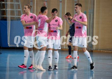 Futsal. Carinthia Flamengo Futsal Club gegen LPSV-Kaernten.   Torjubel Leon Brisevac, Enes Brdjanovic, Armin Kahvedzic,  Faris Buljubasic (C.F.F.C),    (LPSV). Klagenfurt, 26.11.2023.
Foto: Kuess
www.qspictures.net
---
pressefotos, pressefotografie, kuess, qs, qspictures, sport, bild, bilder, bilddatenbank