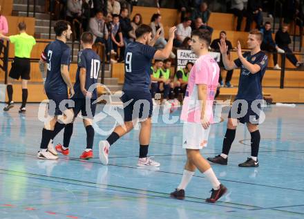 Futsal. Carinthia Flamengo Futsal Club gegen LPSV-Kaernten.  Torjubel Dino Matoruga, Senad Huseinbasic, Nemanja Lukic  (LPSV). Klagenfurt, 26.11.2023.
Foto: Kuess
www.qspictures.net
---
pressefotos, pressefotografie, kuess, qs, qspictures, sport, bild, bilder, bilddatenbank