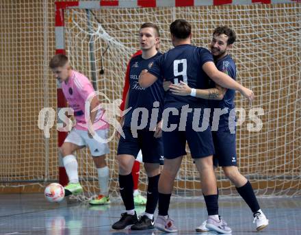 Futsal. Carinthia Flamengo Futsal Club gegen LPSV-Kaernten.  Torjubel  Senad Huseinbasic, Dino Matoruga, Nemanja Lukic, (LPSV). Klagenfurt, 26.11.2023.
Foto: Kuess
www.qspictures.net
---
pressefotos, pressefotografie, kuess, qs, qspictures, sport, bild, bilder, bilddatenbank