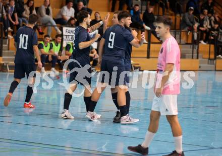 Futsal. Carinthia Flamengo Futsal Club gegen LPSV-Kaernten.  Torjubel Dino Matoruga, Senad Huseinbasic, Nemanja Lukic  (LPSV). Klagenfurt, 26.11.2023.
Foto: Kuess
www.qspictures.net
---
pressefotos, pressefotografie, kuess, qs, qspictures, sport, bild, bilder, bilddatenbank