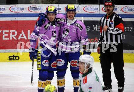 EBEL. Eishockey Bundesliga. EC VSV gegen HK Olimpija Ljubljana. Torjubel Elias Jeronimo Wallenta, Marco Richter   (VSV). Villach, am 28.11.2023
Foto: Kuess
www.qspictures.net
---
pressefotos, pressefotografie, kuess, qs, qspictures, sport, bild, bilder, bilddatenbank