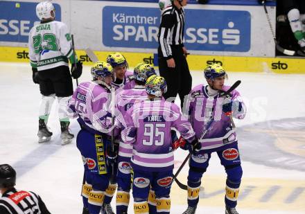 EBEL. Eishockey Bundesliga. EC VSV gegen HK Olimpija Ljubljana.  Torjubel Felix Maxa, Mark Katic, Marco Richter, Elias Jeronimo Wallenta, Dylan Macpherson  (VSV). Villach, am 28.11.2023
Foto: Kuess
www.qspictures.net
---
pressefotos, pressefotografie, kuess, qs, qspictures, sport, bild, bilder, bilddatenbank