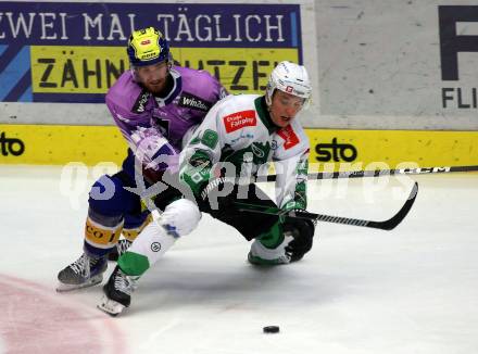 EBEL. Eishockey Bundesliga. EC VSV gegen HK Olimpija Ljubljana.  Kevin Hancock,   (VSV),    Aljaz Predan (Ljubljana). Villach, am 28.11.2023
Foto: Kuess
www.qspictures.net
---
pressefotos, pressefotografie, kuess, qs, qspictures, sport, bild, bilder, bilddatenbank