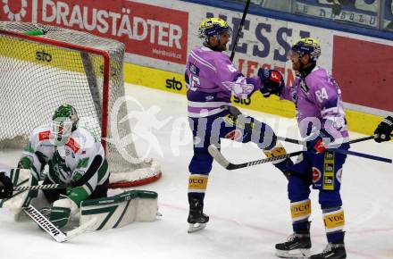 EBEL. Eishockey Bundesliga. EC VSV gegen HK Olimpija Ljubljana.  Torjubel Alex Wall, Andrew Desjardins  (VSV). Villach, am 28.11.2023
Foto: Kuess
www.qspictures.net
---
pressefotos, pressefotografie, kuess, qs, qspictures, sport, bild, bilder, bilddatenbank