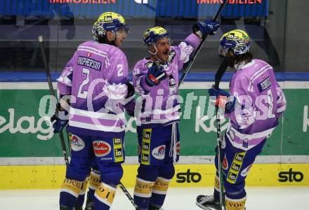 EBEL. Eishockey Bundesliga. EC VSV gegen HK Olimpija Ljubljana. Torjubel Mark Katic, Anthony Luciani, Dylan Macpherson, Alexandser Rauchenwald   (VSV). Villach, am 28.11.2023
Foto: Kuess
www.qspictures.net
---
pressefotos, pressefotografie, kuess, qs, qspictures, sport, bild, bilder, bilddatenbank