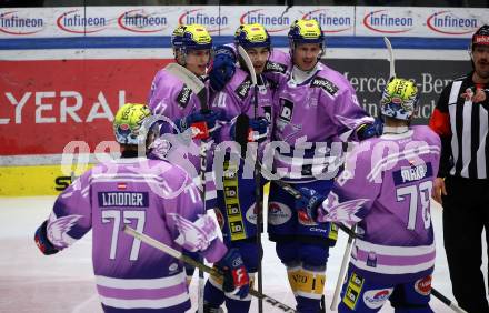 EBEL. Eishockey Bundesliga. EC VSV gegen HK Olimpija Ljubljana.  Torjubel Elias Jeronimo Wallenta, Marco Richter, Phiipp Lindner, Felix Maxa  (VSV). Villach, am 28.11.2023
Foto: Kuess
www.qspictures.net
---
pressefotos, pressefotografie, kuess, qs, qspictures, sport, bild, bilder, bilddatenbank