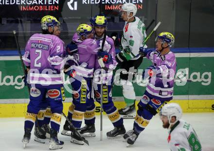 EBEL. Eishockey Bundesliga. EC VSV gegen HK Olimpija Ljubljana.  Torjubel Mark Katic, Anthony Luciani, Dylan Macpherson, Alexandser Rauchenwald, Blaz Tomazevic  (VSV). Villach, am 28.11.2023
Foto: Kuess
www.qspictures.net
---
pressefotos, pressefotografie, kuess, qs, qspictures, sport, bild, bilder, bilddatenbank