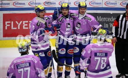 EBEL. Eishockey Bundesliga. EC VSV gegen HK Olimpija Ljubljana.  Torjubel Elias Jeronimo Wallenta, Marco Richter, Phiipp Lindner, Felix Maxa  (VSV). Villach, am 28.11.2023
Foto: Kuess
www.qspictures.net
---
pressefotos, pressefotografie, kuess, qs, qspictures, sport, bild, bilder, bilddatenbank