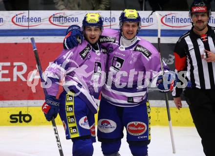 EBEL. Eishockey Bundesliga. EC VSV gegen HK Olimpija Ljubljana.  Torjubel Elias Jeronimo Wallenta, Marco Richter  (VSV). Villach, am 28.11.2023
Foto: Kuess
www.qspictures.net
---
pressefotos, pressefotografie, kuess, qs, qspictures, sport, bild, bilder, bilddatenbank