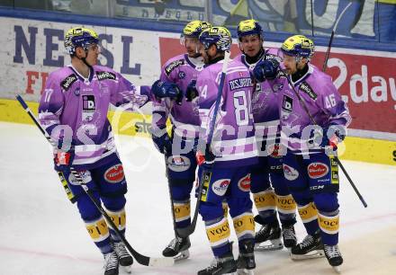 EBEL. Eishockey Bundesliga. EC VSV gegen HK Olimpija Ljubljana.  Torjubel Alex Wall, Andrew Desjardins, Benjamin Lanzinger, Alexander Rauchenwald, Arturs Kulda  (VSV). Villach, am 28.11.2023
Foto: Kuess
www.qspictures.net
---
pressefotos, pressefotografie, kuess, qs, qspictures, sport, bild, bilder, bilddatenbank