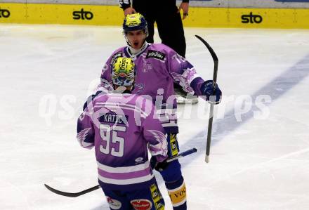 EBEL. Eishockey Bundesliga. EC VSV gegen HK Olimpija Ljubljana. Torjubel Felix Maxa, Mark Katic   (VSV). Villach, am 28.11.2023
Foto: Kuess
www.qspictures.net
---
pressefotos, pressefotografie, kuess, qs, qspictures, sport, bild, bilder, bilddatenbank