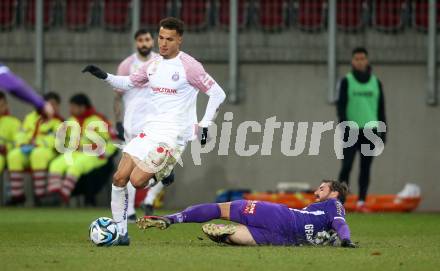 Fussball. Bundesliga. SK Austria Klagenfurt gegen Austria Wien.   Turgay Gemicibasi  (Austria Klagenfurt),  Manuel Polster (Wien). Klagenfurt, 9.12.2023.
Foto: Kuess
---
pressefotos, pressefotografie, kuess, qs, qspictures, sport, bild, bilder, bilddatenbank