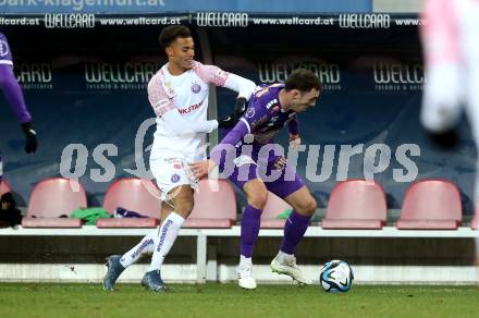 Fussball. Bundesliga. SK Austria Klagenfurt gegen Austria Wien.  Andrew Irving   (Austria Klagenfurt),   Manuel Polster   (Wien). Klagenfurt, 9.12.2023.
Foto: Kuess
---
pressefotos, pressefotografie, kuess, qs, qspictures, sport, bild, bilder, bilddatenbank