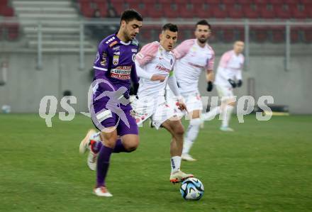 Fussball. Bundesliga. SK Austria Klagenfurt gegen Austria Wien.  Nikola Djoric   (Austria Klagenfurt),   Manfred Fischer   (Wien). Klagenfurt, 9.12.2023.
Foto: Kuess
---
pressefotos, pressefotografie, kuess, qs, qspictures, sport, bild, bilder, bilddatenbank