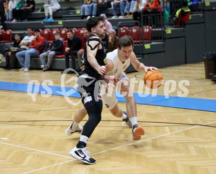 Basketball 2. Liga 2023/2024. Grunddurchgang 12. Runde.  KOS gegen Mattersburg Rocks.    Andi Smrtnik (KOS),   Julian Alper (Mattersburg Rocks). Klagenfurt, am 16.12.12023.
Foto: Kuess
www.qspictures.net
---
pressefotos, pressefotografie, kuess, qs, qspictures, sport, bild, bilder, bilddatenbank