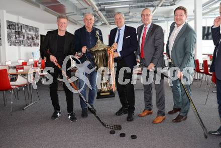 Eishockey. Legenden Turnier. Pressekonferenz.   Arno Arthofer, Walter Schachner, Landeshauptmann Peter Kaiser, Alois Schloder, Buergermeister Guenther Albel. KLagenfurt, am 6.12.2023.
Foto: Kuess
---
pressefotos, pressefotografie, kuess, qs, qspictures, sport, bild, bilder, bilddatenbank