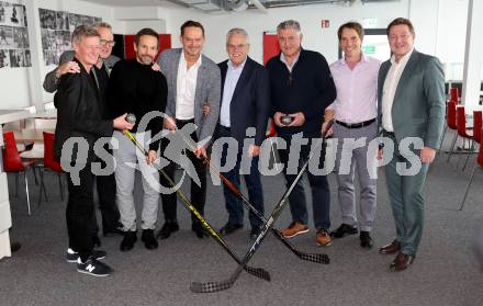 Eishockey. Legenden Turnier. Pressekonferenz.   Arno Arthofer,Ralph Schader, Thomas Koch, Otto Konrad, Dieter Kalt, Giuseppe Mion, Dieter Kalt, Buergermeister Guenther Albel. KLagenfurt, am 6.12.2023.
Foto: Kuess
---
pressefotos, pressefotografie, kuess, qs, qspictures, sport, bild, bilder, bilddatenbank