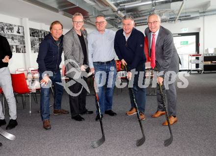 Eishockey. Legenden Turnier. Pressekonferenz.  Thomas Cijan, Ralph Schader, Johann Hans Sulzer, Giuseppe Mion, Alois Schloder . KLagenfurt, am 6.12.2023.
Foto: Kuess
---
pressefotos, pressefotografie, kuess, qs, qspictures, sport, bild, bilder, bilddatenbank