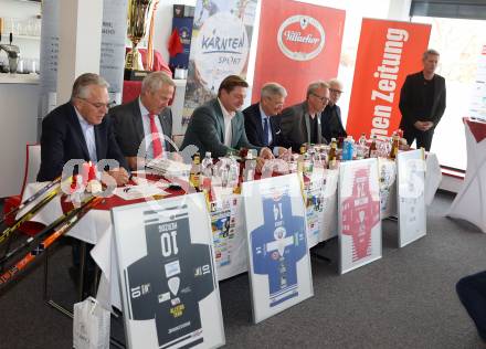 Eishockey. Legenden Turnier. Pressekonferenz.  Dieter Kalt, Ralph Schloder, Buergermeister Guenther Albel, Landeshauptmann Peter Kaiser, Ralph Schader, Greg Holst . KLagenfurt, am 6.12.2023.
Foto: Kuess
---
pressefotos, pressefotografie, kuess, qs, qspictures, sport, bild, bilder, bilddatenbank