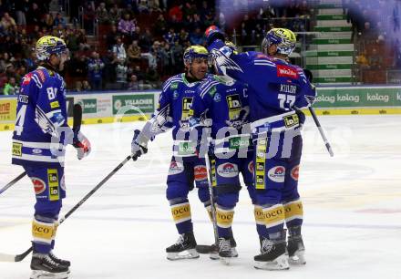 EBEL. Eishockey Bundesliga. EC VSV gegen Asiago Hockey.  Torjubel Layne Viveiros. Alexander Rauchenwals, Arturs Kulda, Andrew Desjardins  (VSV). Villach, am 22.12.2023
Foto: Kuess
www.qspictures.net
---
pressefotos, pressefotografie, kuess, qs, qspictures, sport, bild, bilder, bilddatenbank