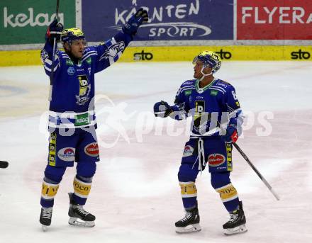 EBEL. Eishockey Bundesliga. EC VSV gegen Asiago Hockey.   Torjubel Andrew Desjardins, Anthony Luciani (VSV). Villach, am 22.12.2023
Foto: Kuess
www.qspictures.net
---
pressefotos, pressefotografie, kuess, qs, qspictures, sport, bild, bilder, bilddatenbank