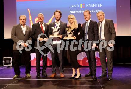 Nacht des Sports. Sportgala. Kaernten Sportler des Jahres 2023.  Dietmar Triebnig, Landeshauptmann Peter Kaiser, Marco Schwarz, Anna Gasser, Marjan Velik  . Velden, am 23.12.2023.
Foto: Kuess
www.qspictures.net
---
pressefotos, pressefotografie, kuess, qs, qspictures, sport, bild, bilder, bilddatenbank