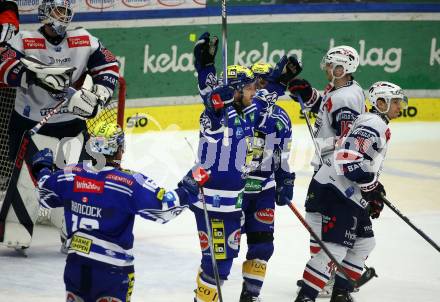 EBEL. Eishockey Bundesliga. EC VSV gegen Fehervar AV19.   Torjubel Andrew Desjardins, John Hughes, Kevin Hancock (VSV). Villach, am 28.12.2023
Foto: Kuess
www.qspictures.net
---
pressefotos, pressefotografie, kuess, qs, qspictures, sport, bild, bilder, bilddatenbank