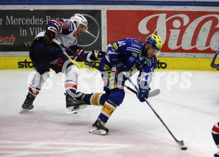 EBEL. Eishockey Bundesliga. EC VSV gegen Fehervar AV19.  Andrew Desjardins,  (VSV),     Joshua Atkinson (Fehervar). Villach, am 28.12.2023
Foto: Kuess
www.qspictures.net
---
pressefotos, pressefotografie, kuess, qs, qspictures, sport, bild, bilder, bilddatenbank