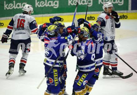 EBEL. Eishockey Bundesliga. EC VSV gegen Fehervar AV19. Torjubel Andrew Desjardins, John Hughes, Kevin Hancock, Mark Katic   (VSV). Villach, am 28.12.2023
Foto: Kuess
www.qspictures.net
---
pressefotos, pressefotografie, kuess, qs, qspictures, sport, bild, bilder, bilddatenbank