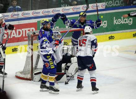 EBEL. Eishockey Bundesliga. EC VSV gegen Fehervar AV19. Torjubel Andrew Desjardins, John Hughes   (VSV). Villach, am 28.12.2023
Foto: Kuess
www.qspictures.net
---
pressefotos, pressefotografie, kuess, qs, qspictures, sport, bild, bilder, bilddatenbank