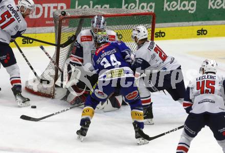 EBEL. Eishockey Bundesliga. EC VSV gegen Fehervar AV19.  Andrew Desjardins,  (VSV),    Dominik Horvath, Gleason Fournier  (Fehervar). Villach, am 28.12.2023
Foto: Kuess
www.qspictures.net
---
pressefotos, pressefotografie, kuess, qs, qspictures, sport, bild, bilder, bilddatenbank