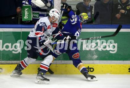 EBEL. Eishockey Bundesliga. EC VSV gegen Fehervar AV19. Anthony Luciani,  (VSV),  Janos Hari   (Fehervar). Villach, am 28.12.2023
Foto: Kuess
www.qspictures.net
---
pressefotos, pressefotografie, kuess, qs, qspictures, sport, bild, bilder, bilddatenbank