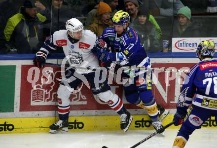 EBEL. Eishockey Bundesliga. EC VSV gegen Fehervar AV19.  Philipp Lindner,  (VSV),   Guillaume Leclerc  (Fehervar). Villach, am 28.12.2023
Foto: Kuess
www.qspictures.net
---
pressefotos, pressefotografie, kuess, qs, qspictures, sport, bild, bilder, bilddatenbank