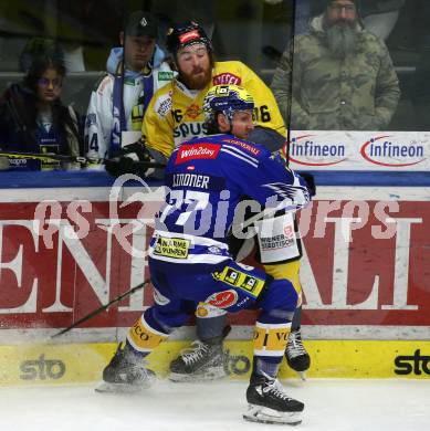 EBEL. Eishockey Bundesliga. EC VSV gegen spusu Vienna Capitals.  Philipp Lindner, (VSV),     Zane Franklin  (Vienna Capitals). Villach, am 9.1.2024.
Foto: Kuess
www.qspictures.net
---
pressefotos, pressefotografie, kuess, qs, qspictures, sport, bild, bilder, bilddatenbank