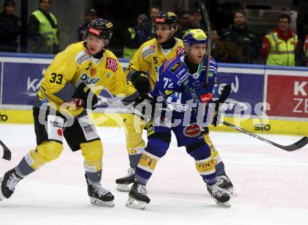 EBEL. Eishockey Bundesliga. EC VSV gegen spusu Vienna Capitals.  John Hughes,   (VSV),  Seamus Donohue  (Vienna Capitals). Villach, am 9.1.2024.
Foto: Kuess
www.qspictures.net
---
pressefotos, pressefotografie, kuess, qs, qspictures, sport, bild, bilder, bilddatenbank