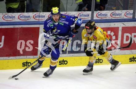 EBEL. Eishockey Bundesliga. EC VSV gegen spusu Vienna Capitals.  Dylan Macpherson,  (VSV),  Dominique Heinrich   (Vienna Capitals). Villach, am 9.1.2024.
Foto: Kuess
www.qspictures.net
---
pressefotos, pressefotografie, kuess, qs, qspictures, sport, bild, bilder, bilddatenbank