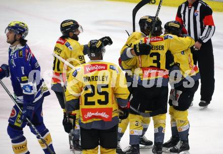 EBEL. Eishockey Bundesliga. EC VSV gegen spusu Vienna Capitals.  Torjubel Leon Widhalm, Armin Preiser, Patrick Antal, Evan Wardley, Dominique Heinrich  (Vienna Capitals). Villach, am 9.1.2024.
Foto: Kuess
www.qspictures.net
---
pressefotos, pressefotografie, kuess, qs, qspictures, sport, bild, bilder, bilddatenbank