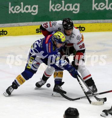 EBEL. Eishockey Bundesliga. EC VSV gegen BEMER Pioneers Vorarlberg. Benjamin Lanzinger,  (VSV),  Christian Bull  (Vorarlberg). Villach, am 13.1.2024.
Foto: Kuess
www.qspictures.net
---
pressefotos, pressefotografie, kuess, qs, qspictures, sport, bild, bilder, bilddatenbank