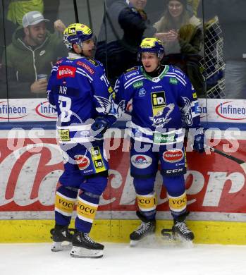 EBEL. Eishockey Bundesliga. EC VSV gegen BEMER Pioneers Vorarlberg. Torjubel Felix Maxa, Benjamin Lanzinger  (VSV). Villach, am 13.1.2024.
Foto: Kuess
www.qspictures.net
---
pressefotos, pressefotografie, kuess, qs, qspictures, sport, bild, bilder, bilddatenbank