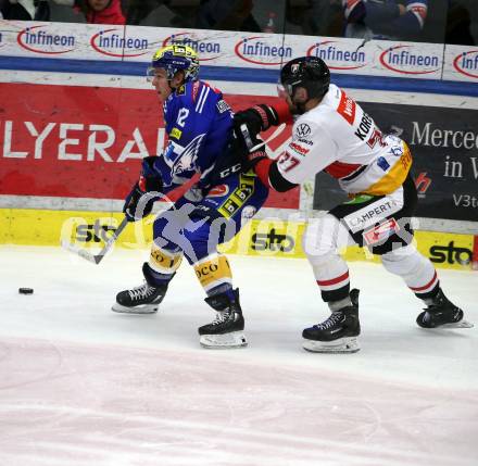 EBEL. Eishockey Bundesliga. EC VSV gegen BEMER Pioneers Vorarlberg. Benjamin Lanzinger,  (VSV),  Ivan Korecky  (Vorarlberg). Villach, am 13.1.2024.
Foto: Kuess
www.qspictures.net
---
pressefotos, pressefotografie, kuess, qs, qspictures, sport, bild, bilder, bilddatenbank