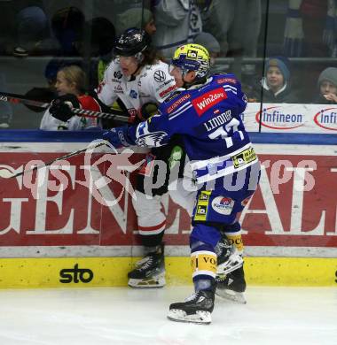 EBEL. Eishockey Bundesliga. EC VSV gegen BEMER Pioneers Vorarlberg. Philipp Lindner, (VSV),     Julian Metzler (Vorarlberg). Villach, am 13.1.2024.
Foto: Kuess
www.qspictures.net
---
pressefotos, pressefotografie, kuess, qs, qspictures, sport, bild, bilder, bilddatenbank