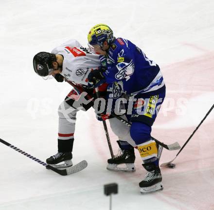 EBEL. Eishockey Bundesliga. EC VSV gegen BEMER Pioneers Vorarlberg. Benjamin Lanzinger,  (VSV),   Oskar Maier (Vorarlberg). Villach, am 13.1.2024.
Foto: Kuess
www.qspictures.net
---
pressefotos, pressefotografie, kuess, qs, qspictures, sport, bild, bilder, bilddatenbank