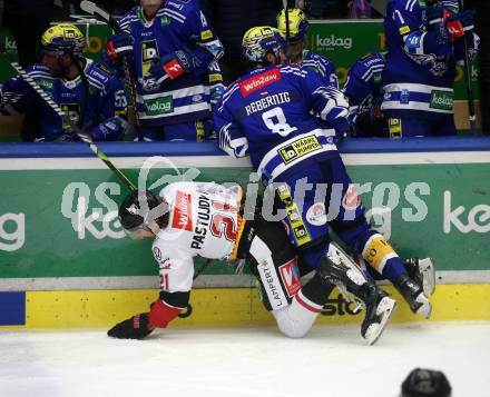 EBEL. Eishockey Bundesliga. EC VSV gegen BEMER Pioneers Vorarlberg. Maximilian Rebernig,  (VSV),  Michael Pastujov  (Vorarlberg). Villach, am 13.1.2024.
Foto: Kuess
www.qspictures.net
---
pressefotos, pressefotografie, kuess, qs, qspictures, sport, bild, bilder, bilddatenbank