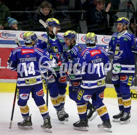 EBEL. Eishockey Bundesliga. EC VSV gegen BEMER Pioneers Vorarlberg. Torjubel Felix Maxa, Benjamin Lanzinger, Johannes Tschurnig, Arturs Kulda, Layne Viveiros (VSV). Villach, am 13.1.2024.
Foto: Kuess
www.qspictures.net
---
pressefotos, pressefotografie, kuess, qs, qspictures, sport, bild, bilder, bilddatenbank