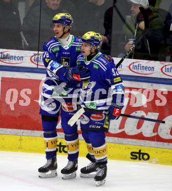 EBEL. Eishockey Bundesliga. EC VSV gegen BEMER Pioneers Vorarlberg.  Torjubel Felix Maxa, Benjamin Lanzinger (VSV). Villach, am 13.1.2024.
Foto: Kuess
www.qspictures.net
---
pressefotos, pressefotografie, kuess, qs, qspictures, sport, bild, bilder, bilddatenbank