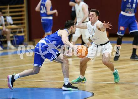 Basketball 2. Liga 2023/2024. Grunddurchgang 14. Runde.  KOS gegen Kufstein Towers.   Niklas Michel (KOS),  Aleix Pujadas  (Kufstein Towers). Klagenfurt, am 13.1.2024.
Foto: Kuess
www.qspictures.net
---
pressefotos, pressefotografie, kuess, qs, qspictures, sport, bild, bilder, bilddatenbank